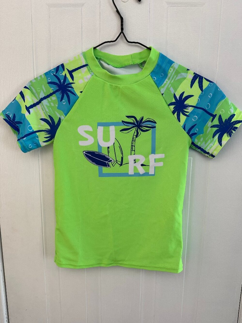 Neon Green Palm Tree Rash Guard & Swim Shorts Set
